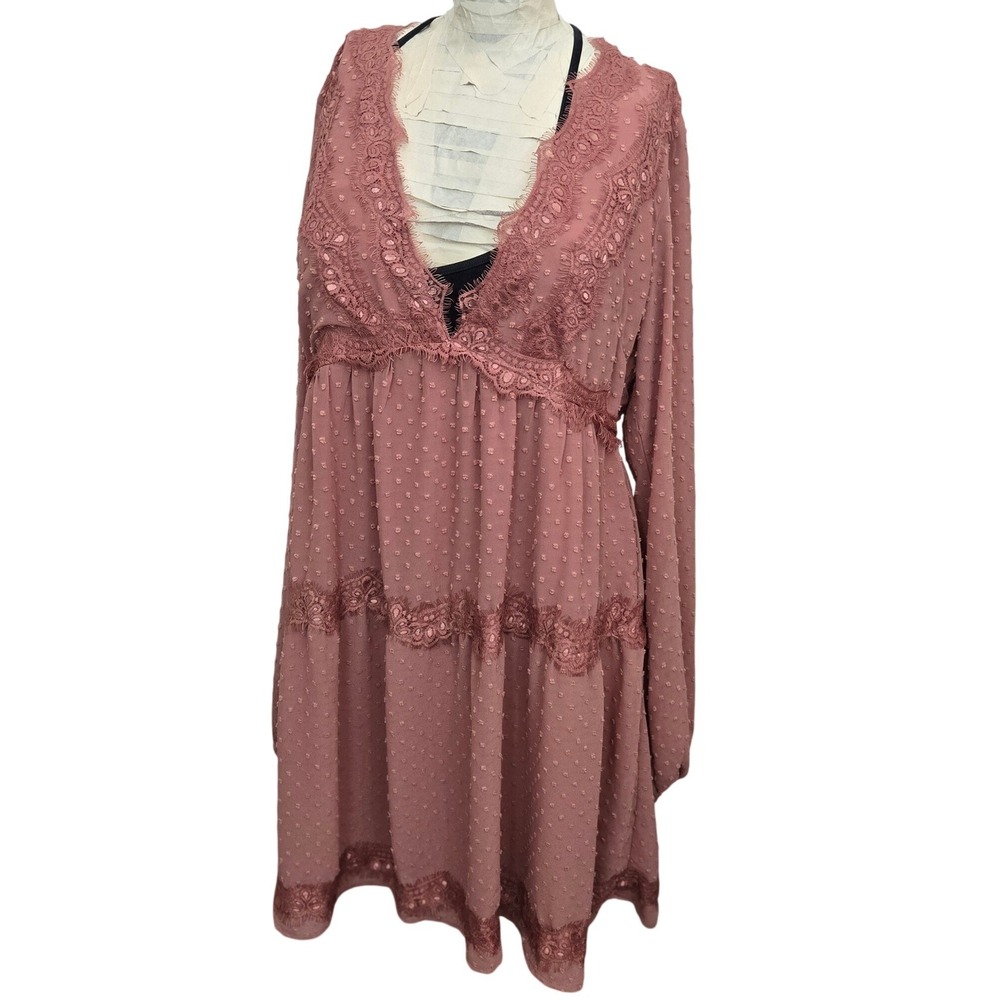 Lulus Wistful Moment‎ Rusty Rose Pink Swiss Dot Dress XL Long Sleeve Lace Tiered